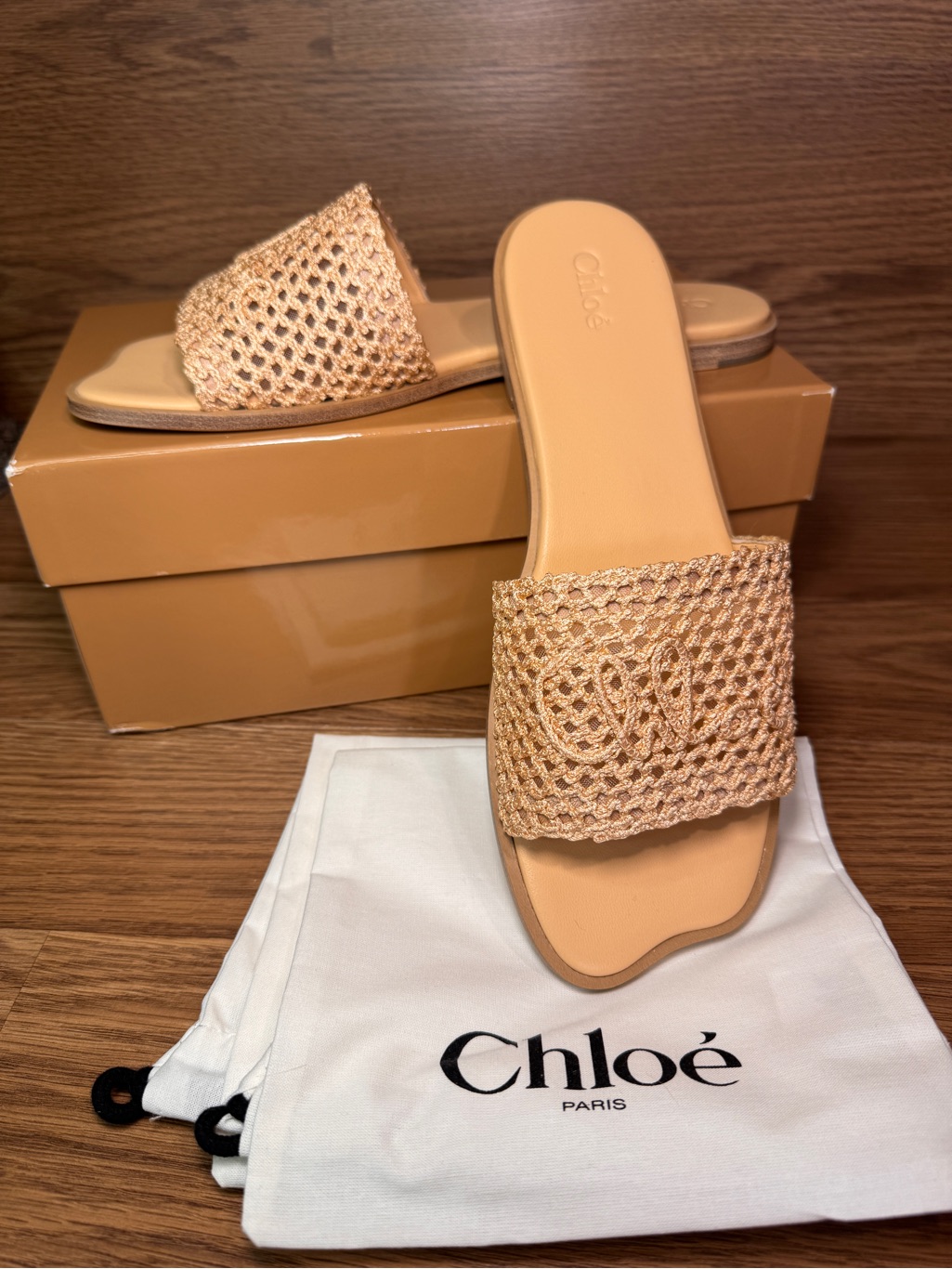 Chlo Women's Tan Soleil Embroidered Crochet Slide Sandals 40/Us 10 New In Box